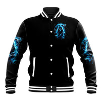 Black unisex baseball jacket with blue skull chest graphic, button front and striped ribbed cuffs