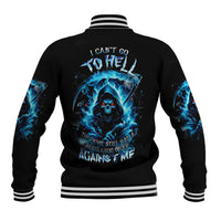 Black unisex baseball jacket with blue skull back graphic and striped ribbed collar/cuffs