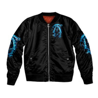 Unisex black bomber jacket with front zip and blue skull graphic sleeves and hem