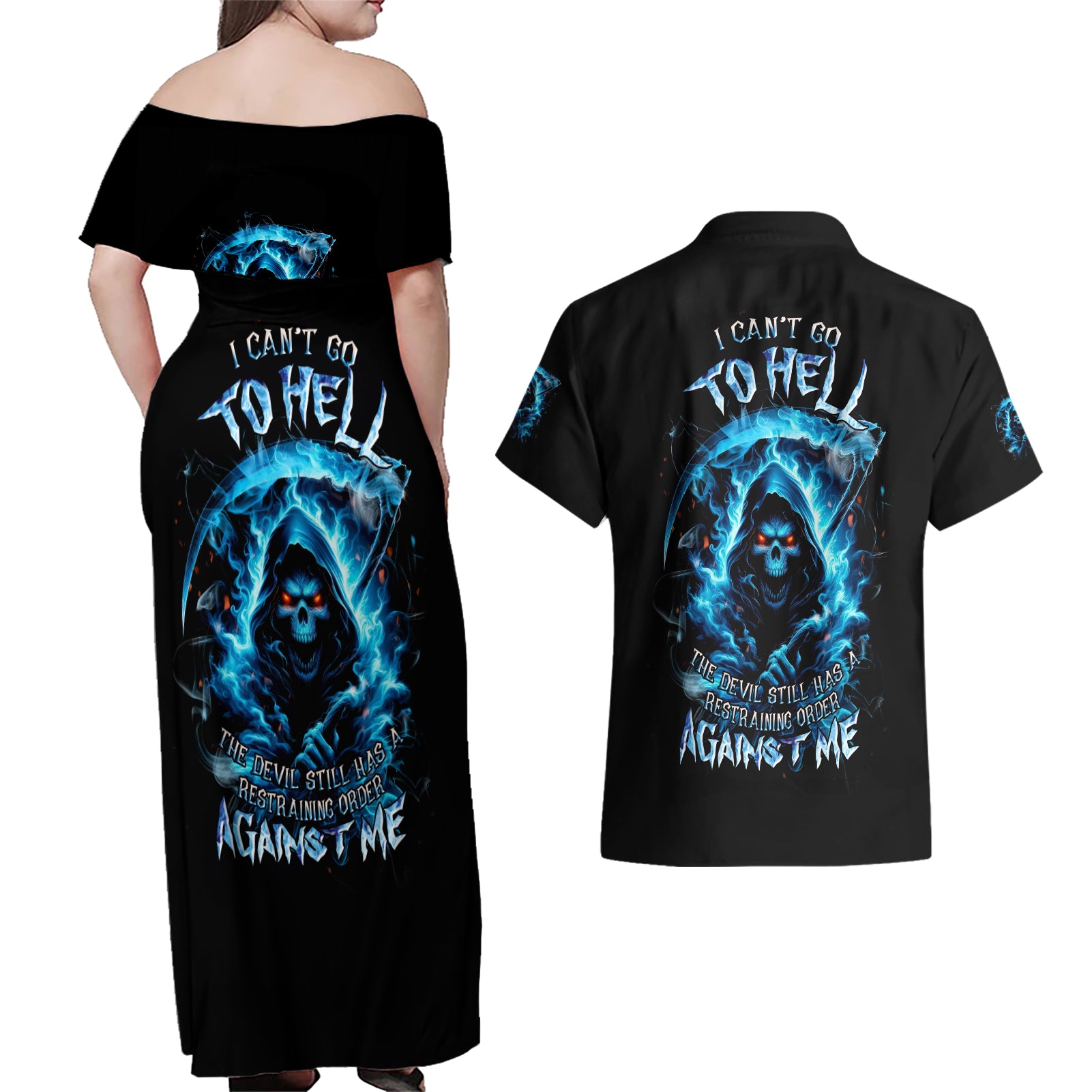 Skull Reaper Couples Matching Off Shoulder Maxi Dress and Hawaiian Shirt I Can't Go To Hell The Devil Still Has A Restraining Order Against Me - Wonder Print Shop