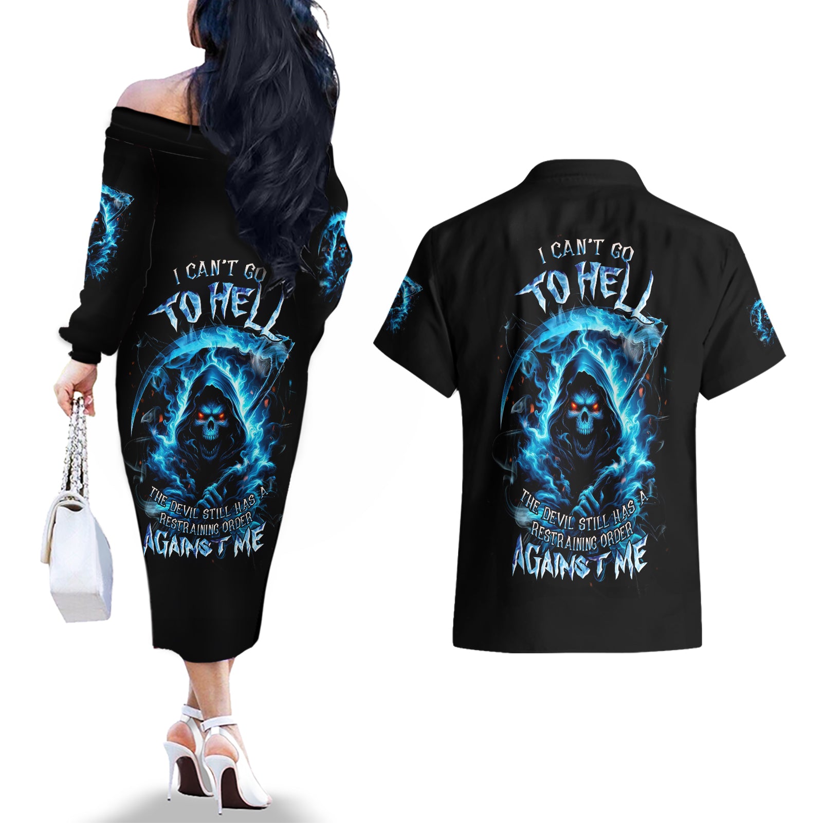 Skull Reaper Couples Matching Off The Shoulder Long Sleeve Dress and Hawaiian Shirt I Can't Go To Hell The Devil Still Has A Restraining Order Against Me - Wonder Print Shop