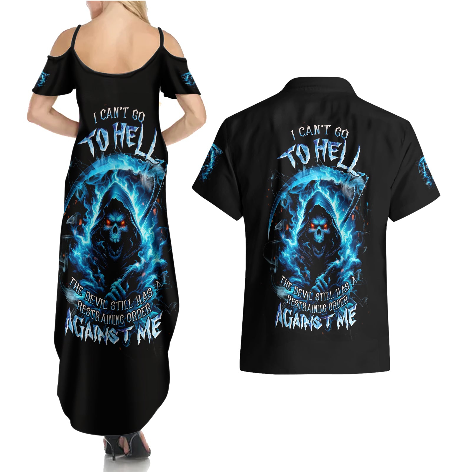 Skull Reaper Couples Matching Summer Maxi Dress and Hawaiian Shirt I Can't Go To Hell The Devil Still Has A Restraining Order Against Me - Wonder Print Shop