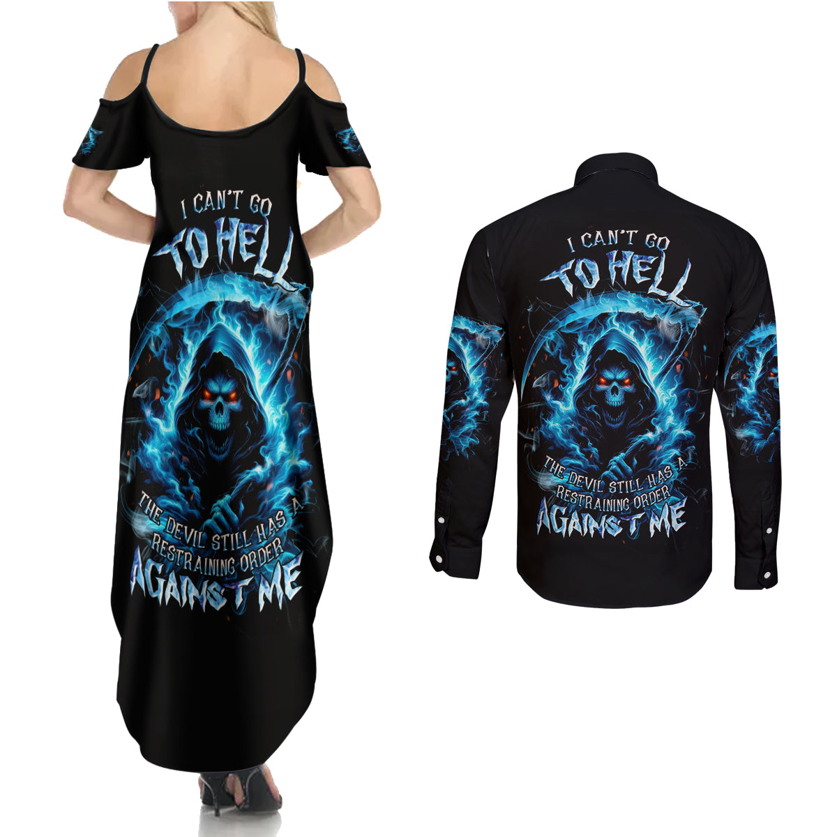 Skull Reaper Couples Matching Summer Maxi Dress and Long Sleeve Button Shirt I Can't Go To Hell The Devil Still Has A Restraining Order Against Me - Wonder Print Shop