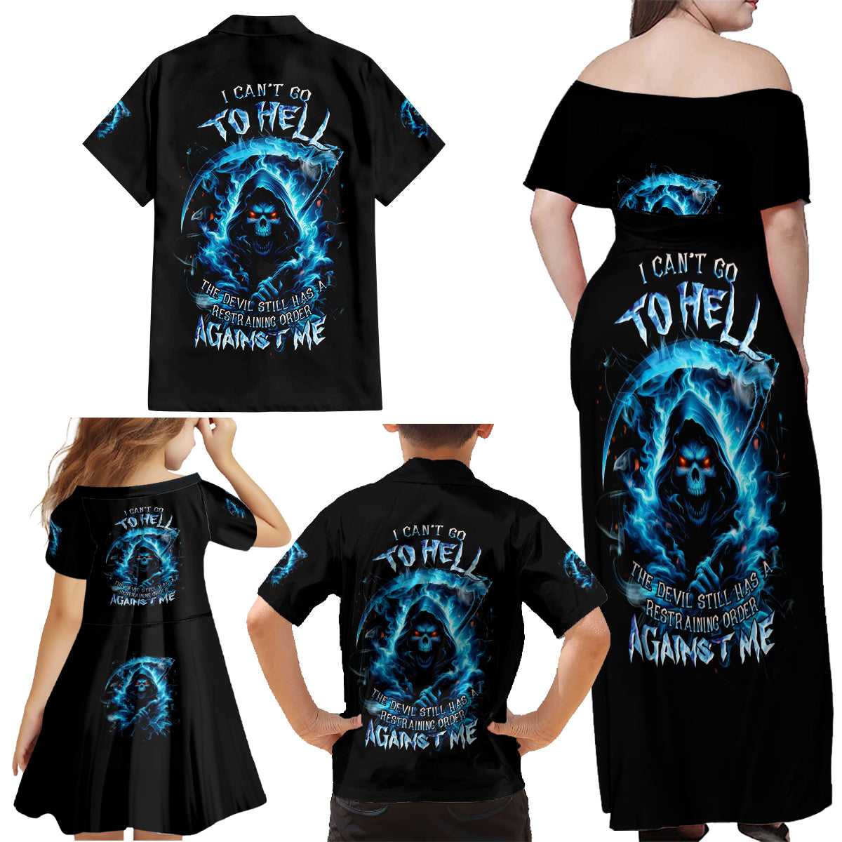 Skull Reaper Family Matching Off Shoulder Maxi Dress and Hawaiian Shirt I Can't Go To Hell The Devil Still Has A Restraining Order Against Me - Wonder Print Shop