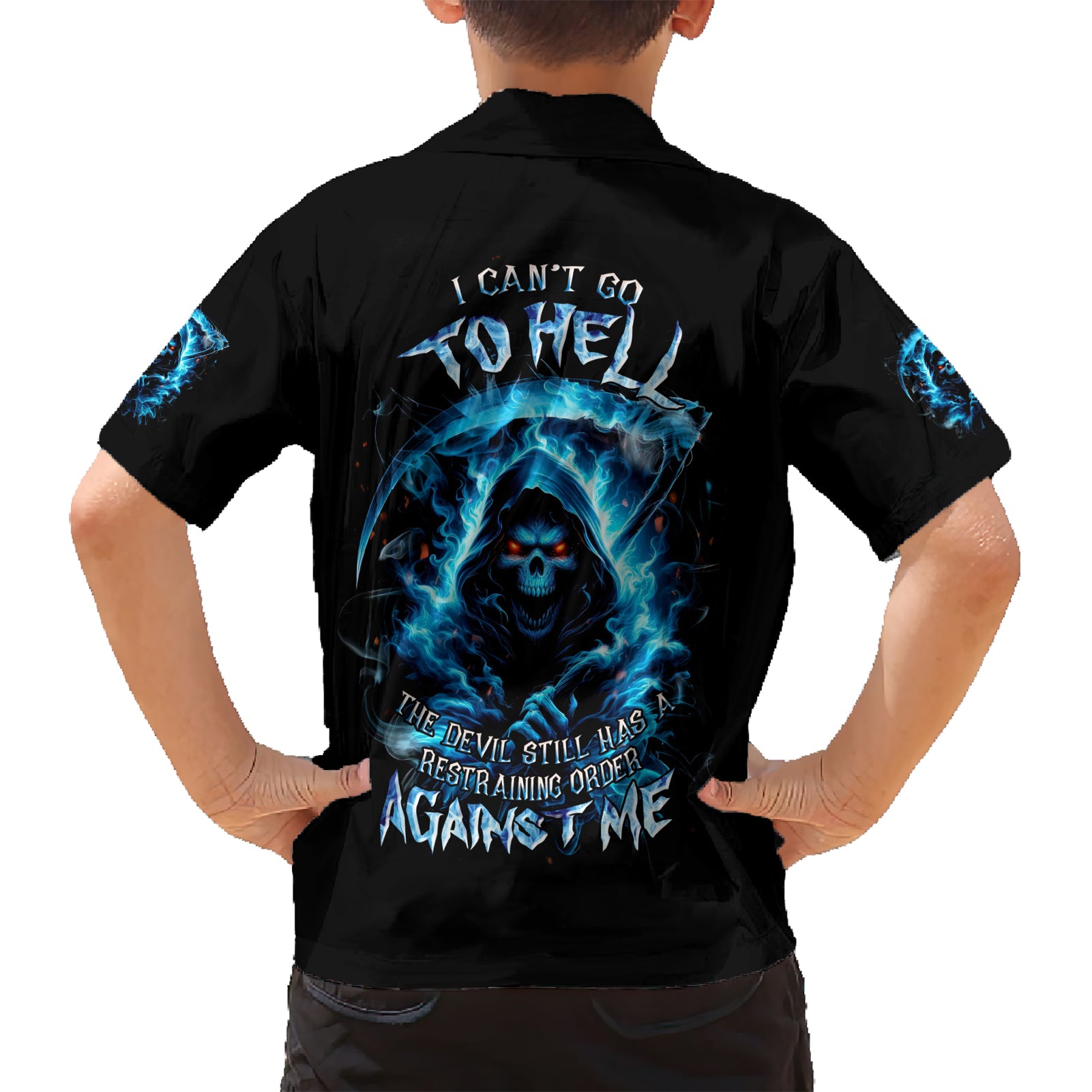 Skull Reaper Kid Hawaiian Shirt I Can't Go To Hell The Devil Still Has A Restraining Order Against Me - Wonder Print Shop