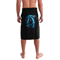 Black graphic shorts with blue skull reaper artwork on front panel