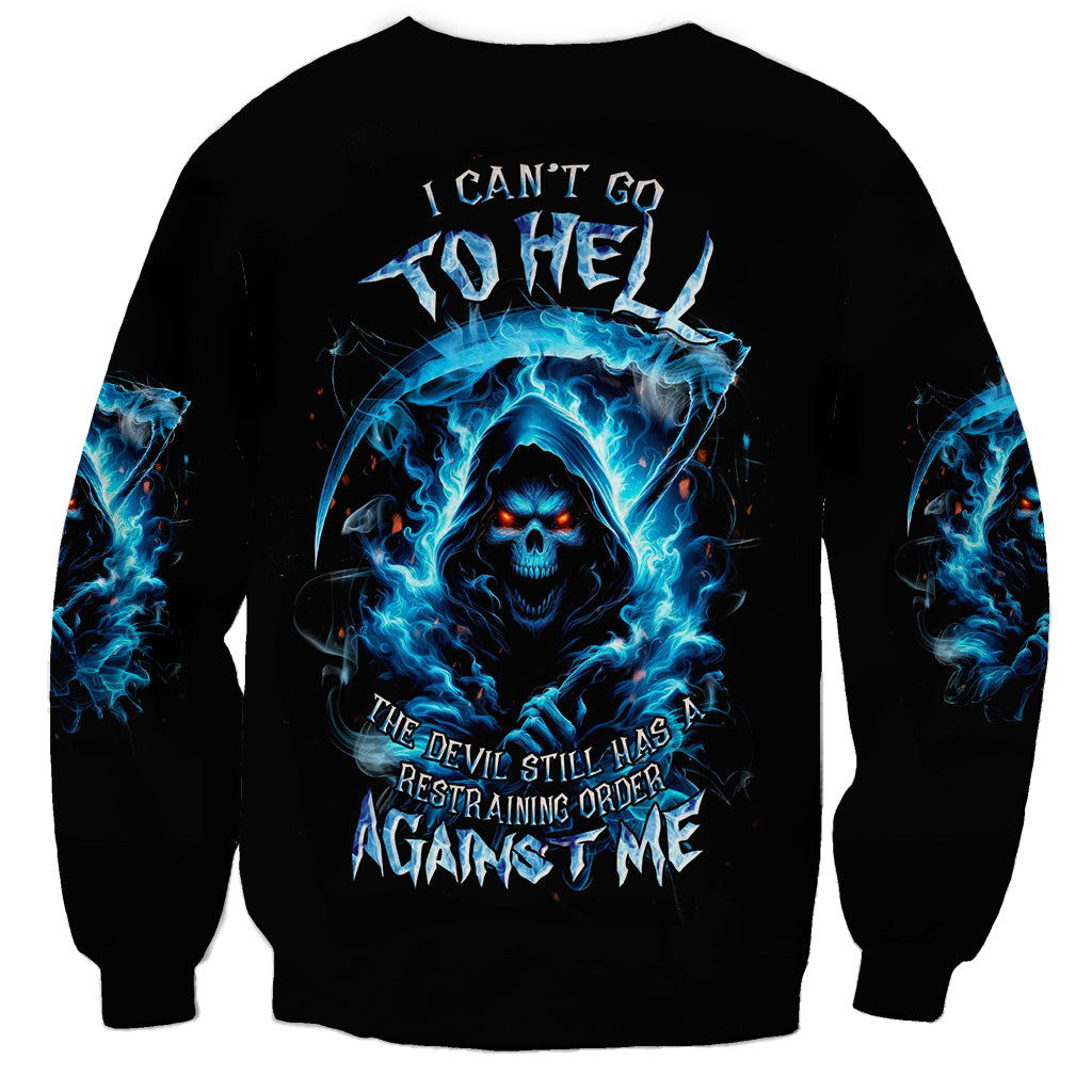 Black unisex sweatshirt with blue skull reaper graphic and flame effect on front