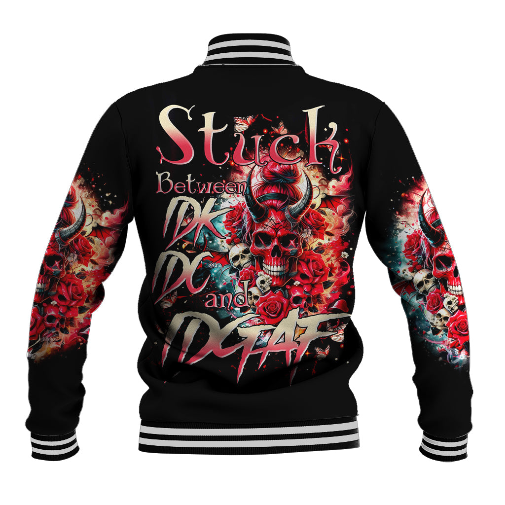 Unisex black baseball jacket with skull-and-roses back graphic, ribbed striped collar
