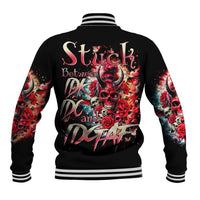 Unisex black baseball jacket with skull-and-roses back graphic, ribbed striped collar