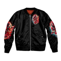 Black bomber jacket with front zip, red devil skull patch, and colorful sleeve art