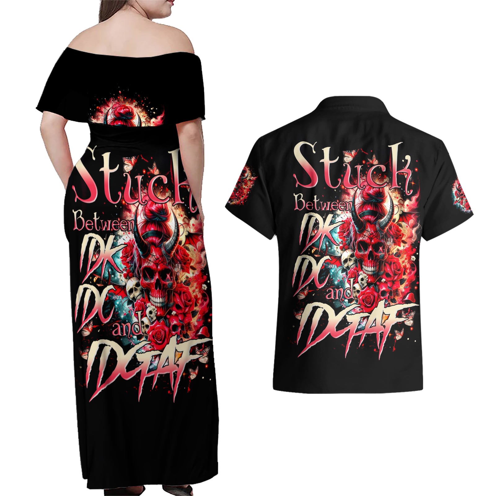 Devil Skull Couples Matching Off Shoulder Maxi Dress and Hawaiian Shirt Stuck Between IDK IDC and IDGAF - Wonder Print Shop