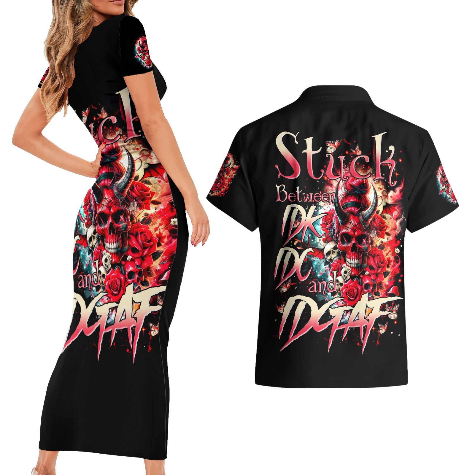 Devil Skull Couples Matching Short Sleeve Bodycon Dress and Hawaiian Shirt Stuck Between IDK IDC and IDGAF - Wonder Print Shop