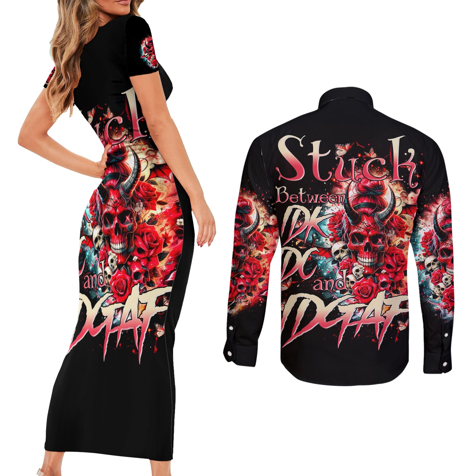 Devil Skull Couples Matching Short Sleeve Bodycon Dress and Long Sleeve Button Shirt Stuck Between IDK IDC and IDGAF - Wonder Print Shop