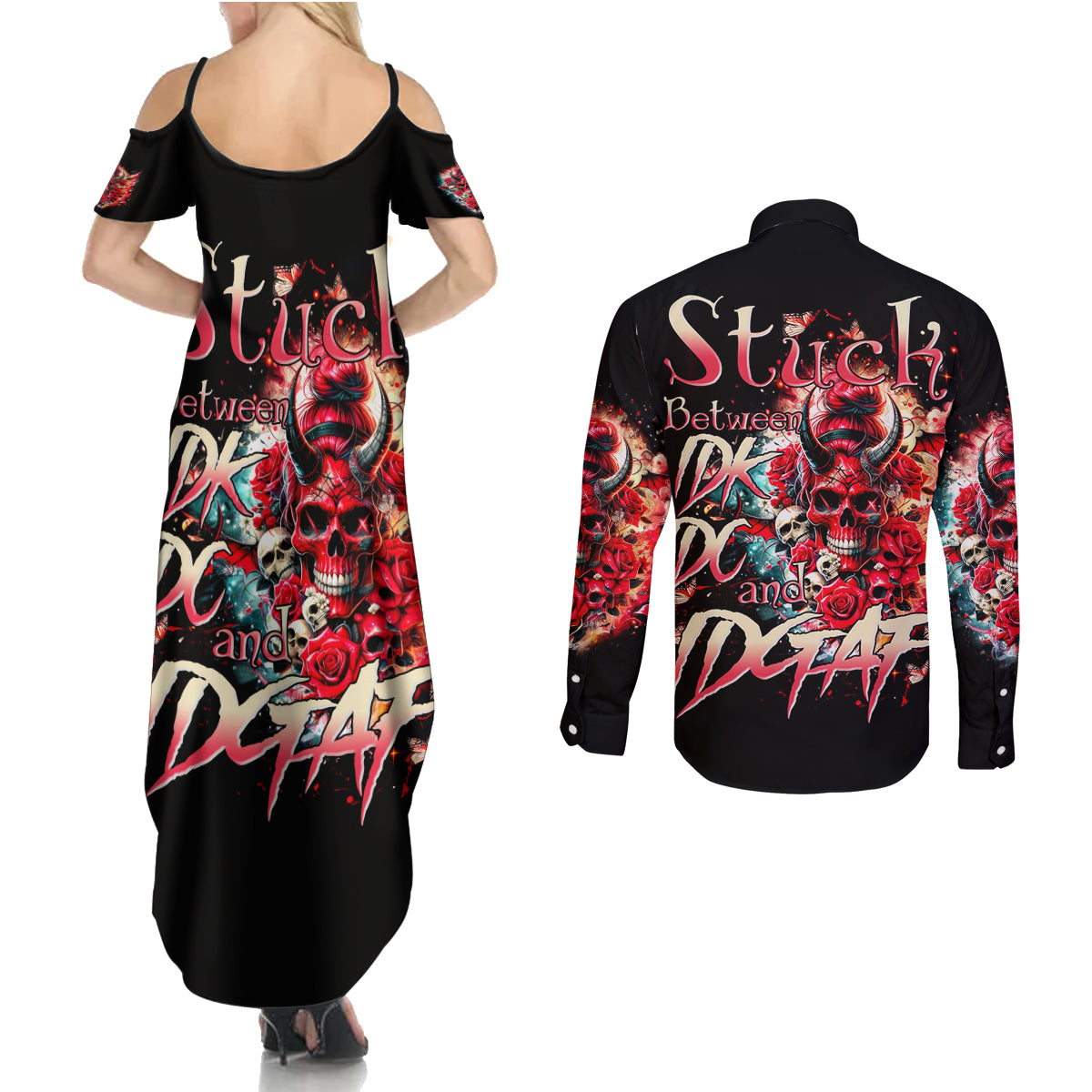 Devil Skull Couples Matching Summer Maxi Dress and Long Sleeve Button Shirt Stuck Between IDK IDC and IDGAF - Wonder Print Shop