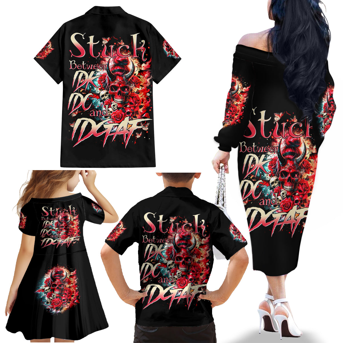 Devil Skull Family Matching Off The Shoulder Long Sleeve Dress and Hawaiian Shirt Stuck Between IDK IDC and IDGAF - Wonder Print Shop