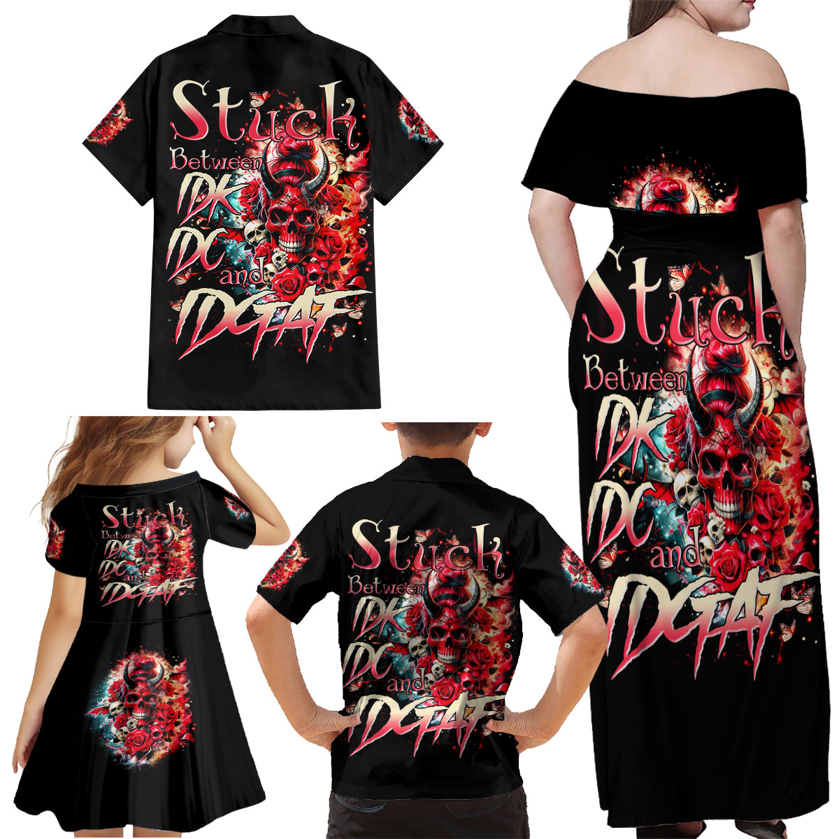 Devil Skull Family Matching Off Shoulder Maxi Dress and Hawaiian Shirt Stuck Between IDK IDC and IDGAF - Wonder Print Shop