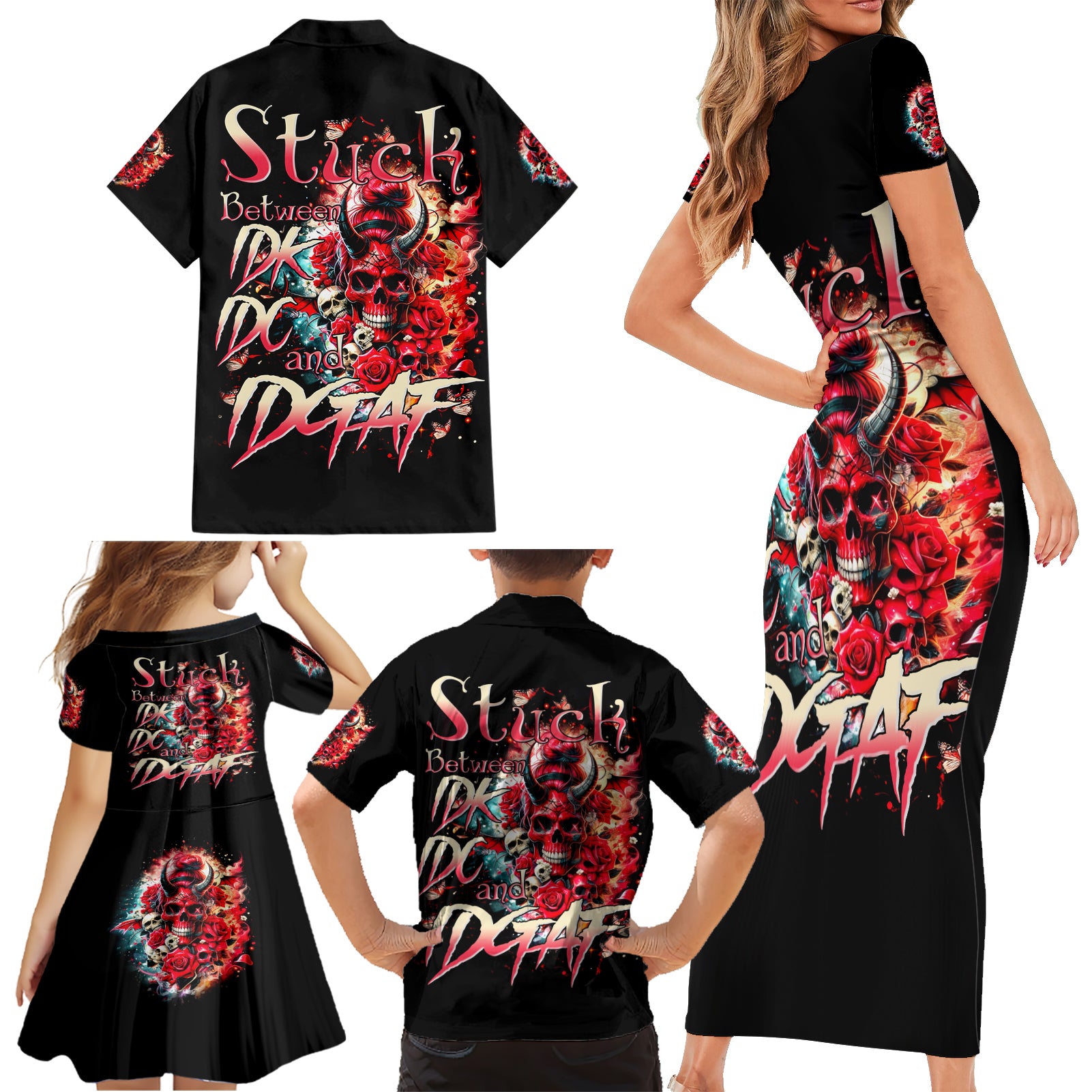 Devil Skull Family Matching Short Sleeve Bodycon Dress and Hawaiian Shirt Stuck Between IDK IDC and IDGAF - Wonder Print Shop