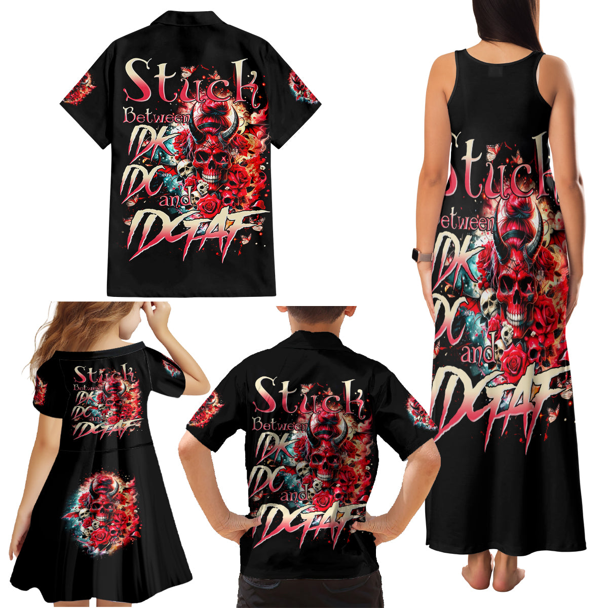 Devil Skull Family Matching Tank Maxi Dress and Hawaiian Shirt Stuck Between IDK IDC and IDGAF - Wonder Print Shop