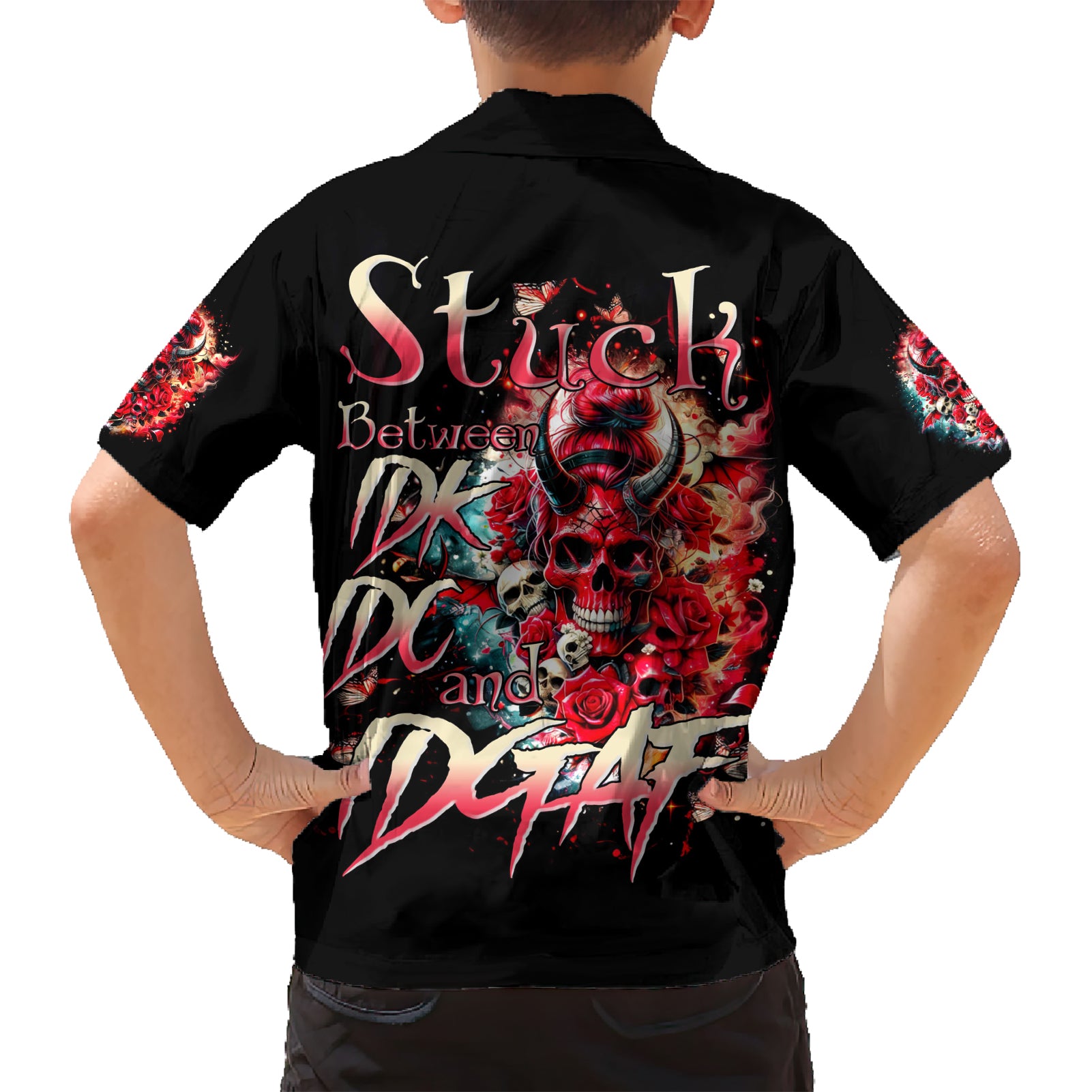 Devil Skull Kid Hawaiian Shirt Stuck Between IDK IDC and IDGAF - Wonder Print Shop