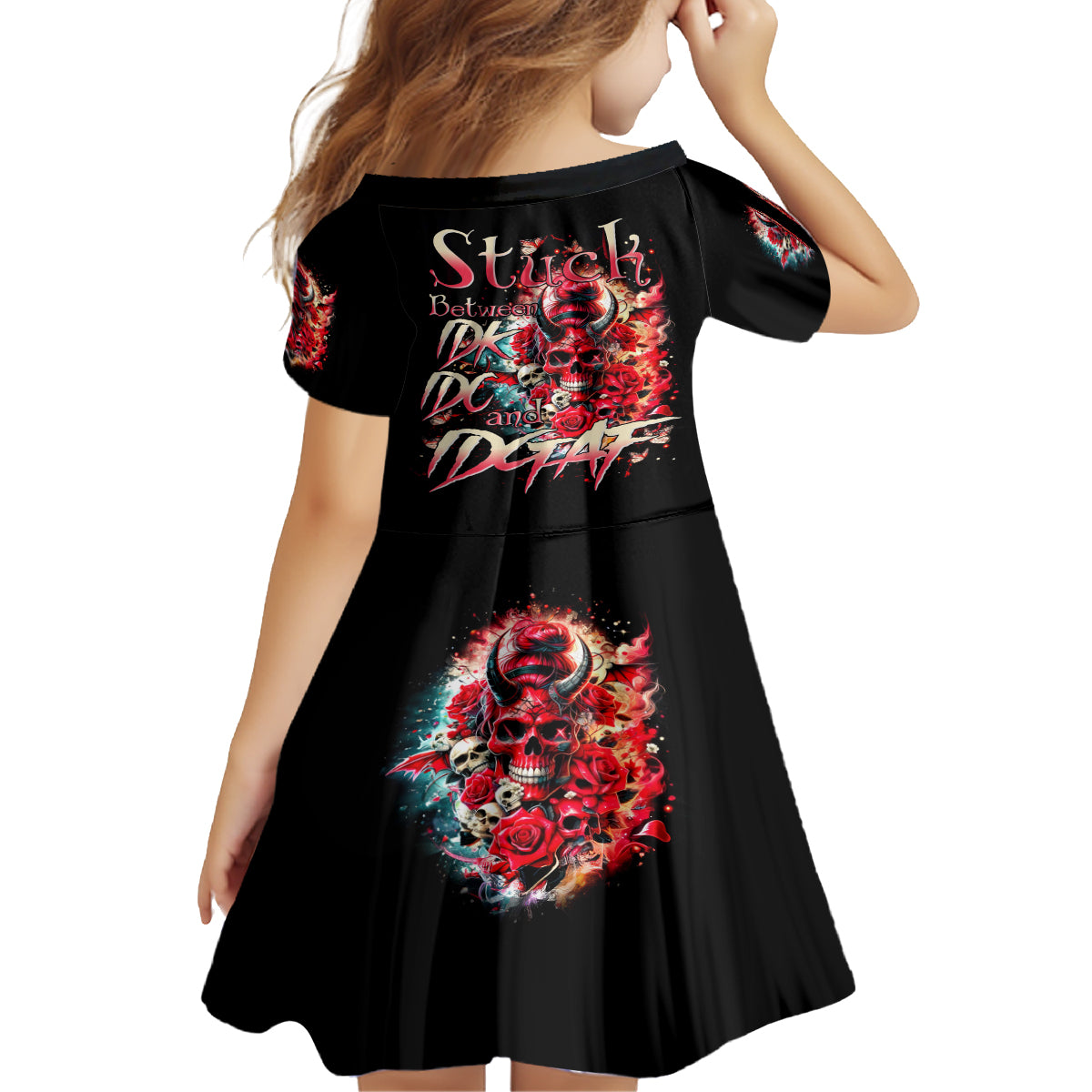 Devil Skull Kid Short Sleeve Dress Stuck Between IDK IDC and IDGAF - Wonder Print Shop