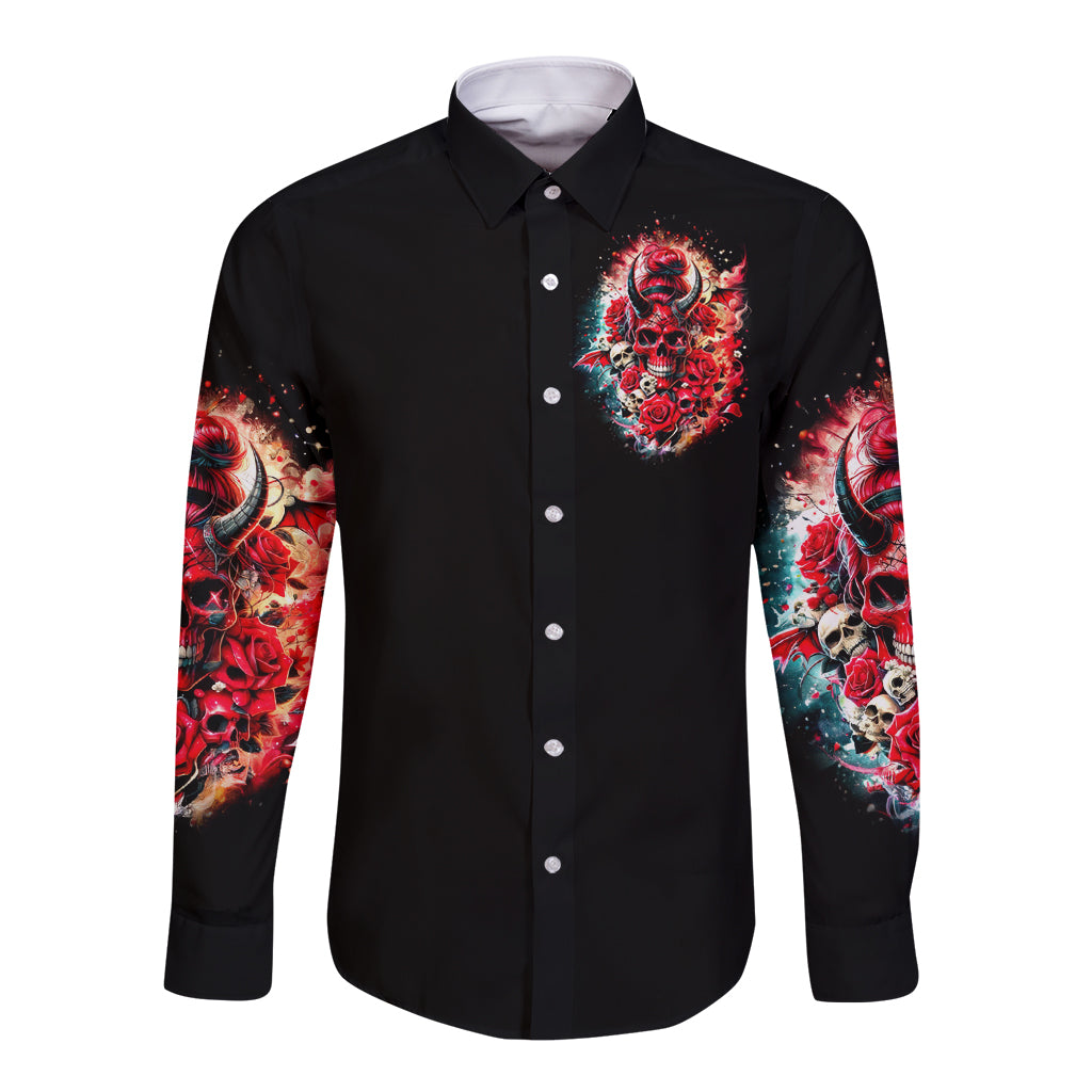 Unisex black long-sleeve button shirt with skull chest graphic and sleeve prints
