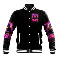 Black unisex varsity baseball jacket with front skull rose patch and striped cuffs