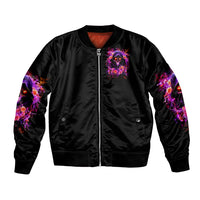 Black bomber jacket with front rose skull graphic, zip-up front and ribbed cuffs