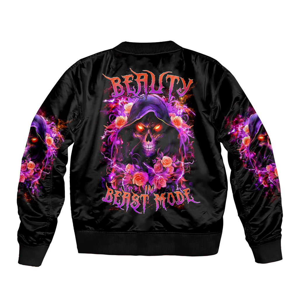 Black bomber jacket with back rose skull graphic, ribbed collar and cuffs