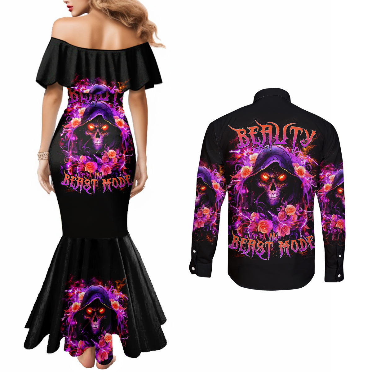 Rose Skull Couples Matching Mermaid Dress and Long Sleeve Button Shirt Beasuty In Beast Mode