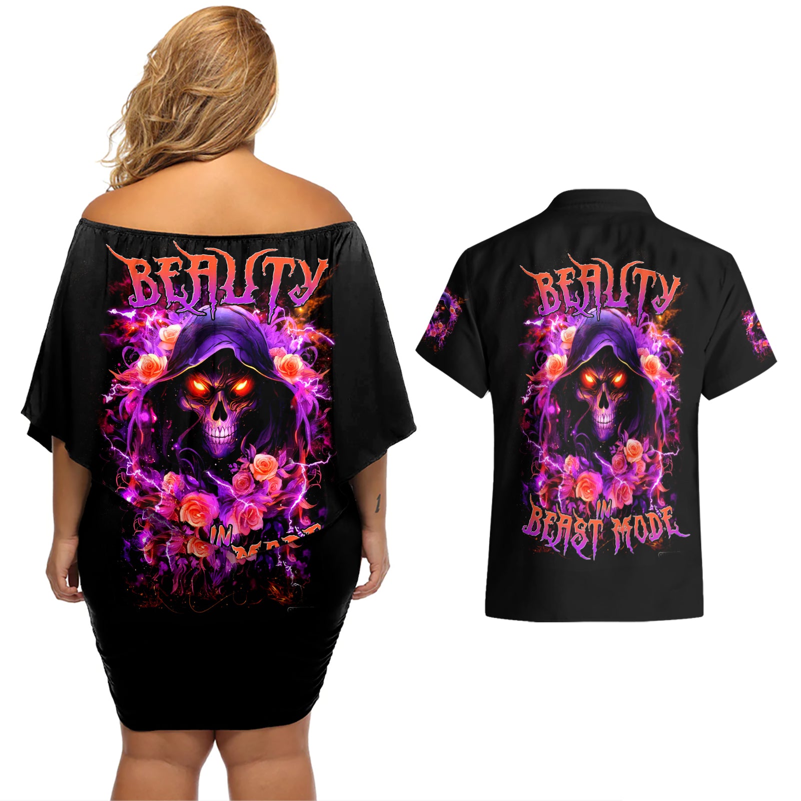 Rose Skull Couples Matching Off Shoulder Short Dress and Hawaiian Shirt Beasuty In Beast Mode - Wonder Print Shop