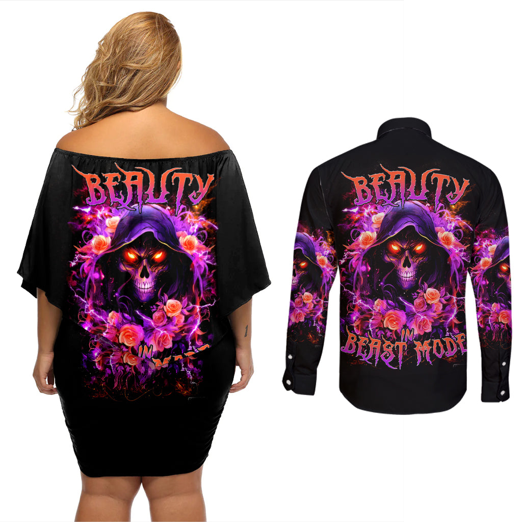 Rose Skull Couples Matching Off Shoulder Short Dress and Long Sleeve Button Shirt Beasuty In Beast Mode - Wonder Print Shop