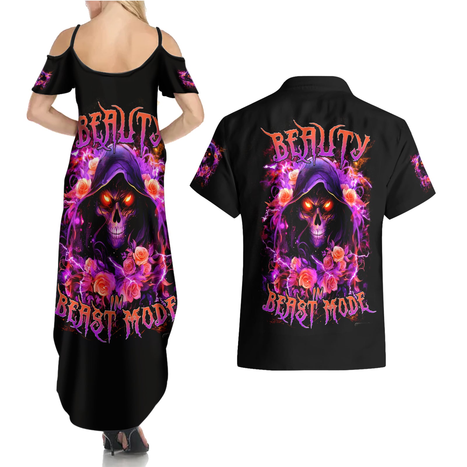 Rose Skull Couples Matching Summer Maxi Dress and Hawaiian Shirt Beasuty In Beast Mode - Wonder Print Shop