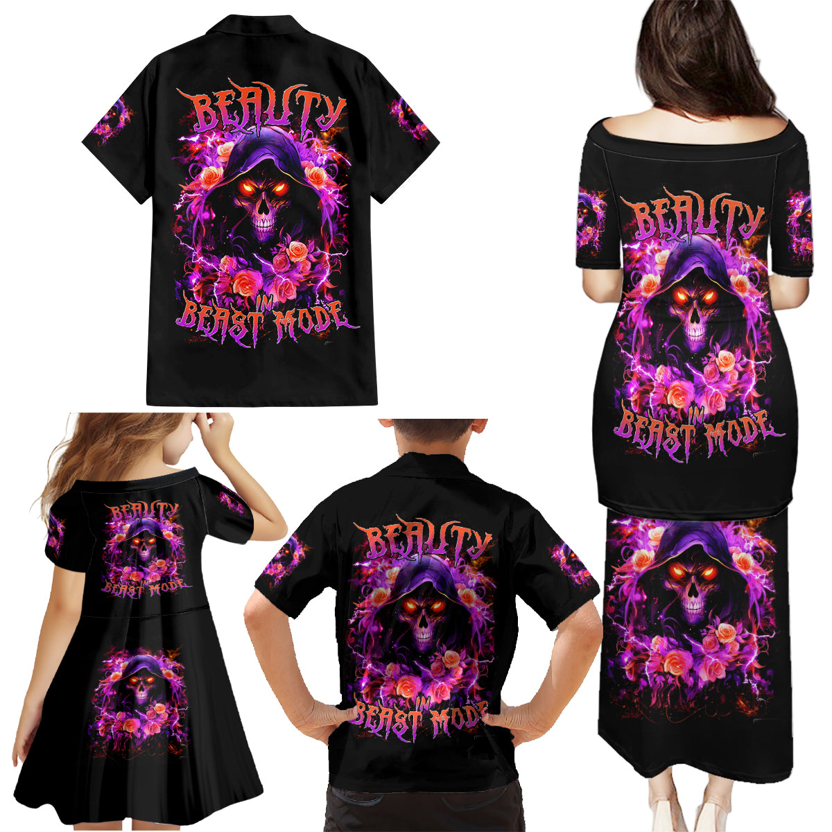 Rose Skull Family Matching Puletasi and Hawaiian Shirt Beasuty In Beast Mode - Wonder Print Shop