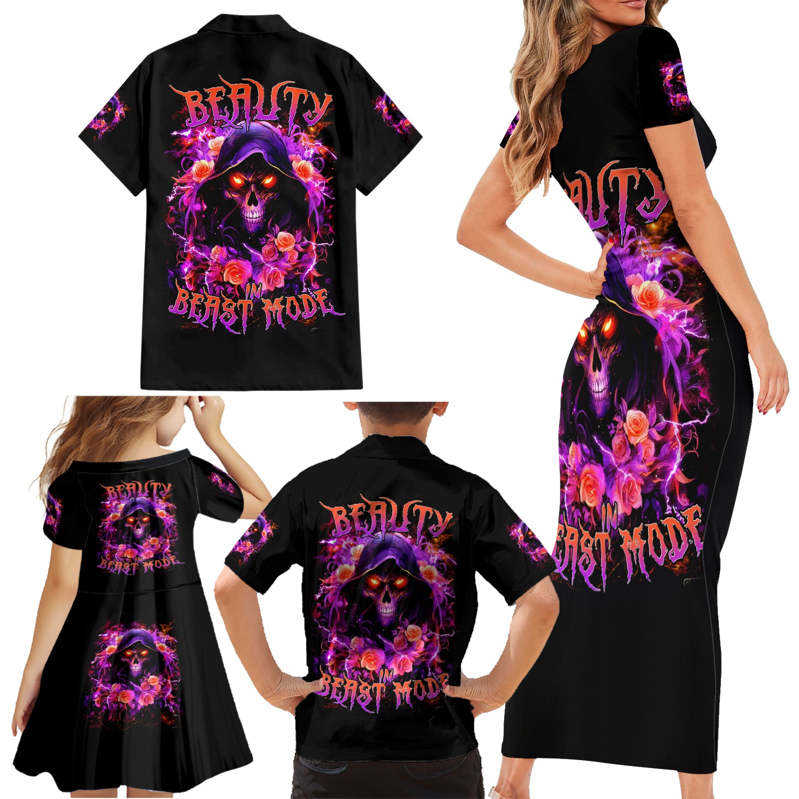 Rose Skull Family Matching Short Sleeve Bodycon Dress and Hawaiian Shirt Beasuty In Beast Mode - Wonder Print Shop