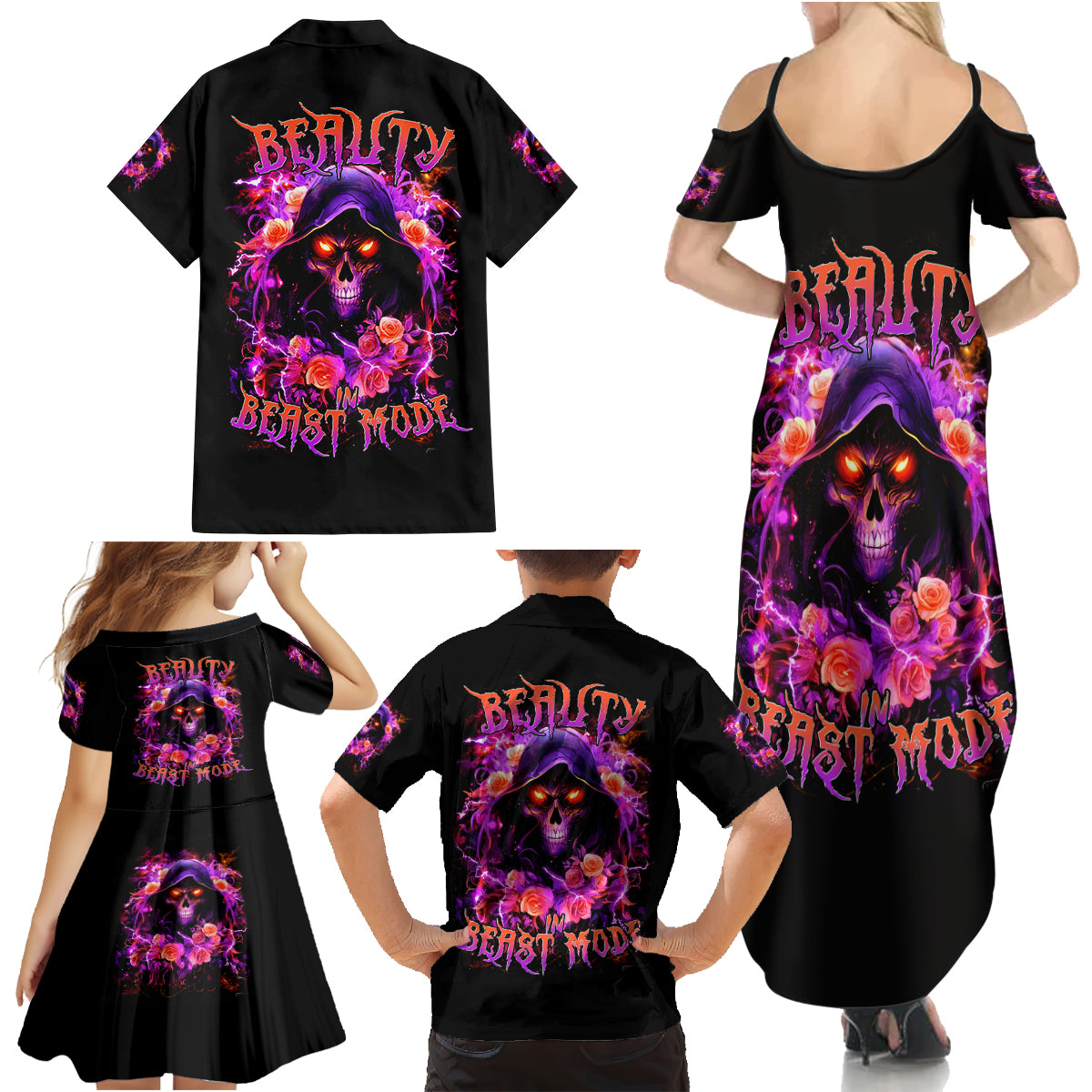 Rose Skull Family Matching Summer Maxi Dress and Hawaiian Shirt Beasuty In Beast Mode - Wonder Print Shop