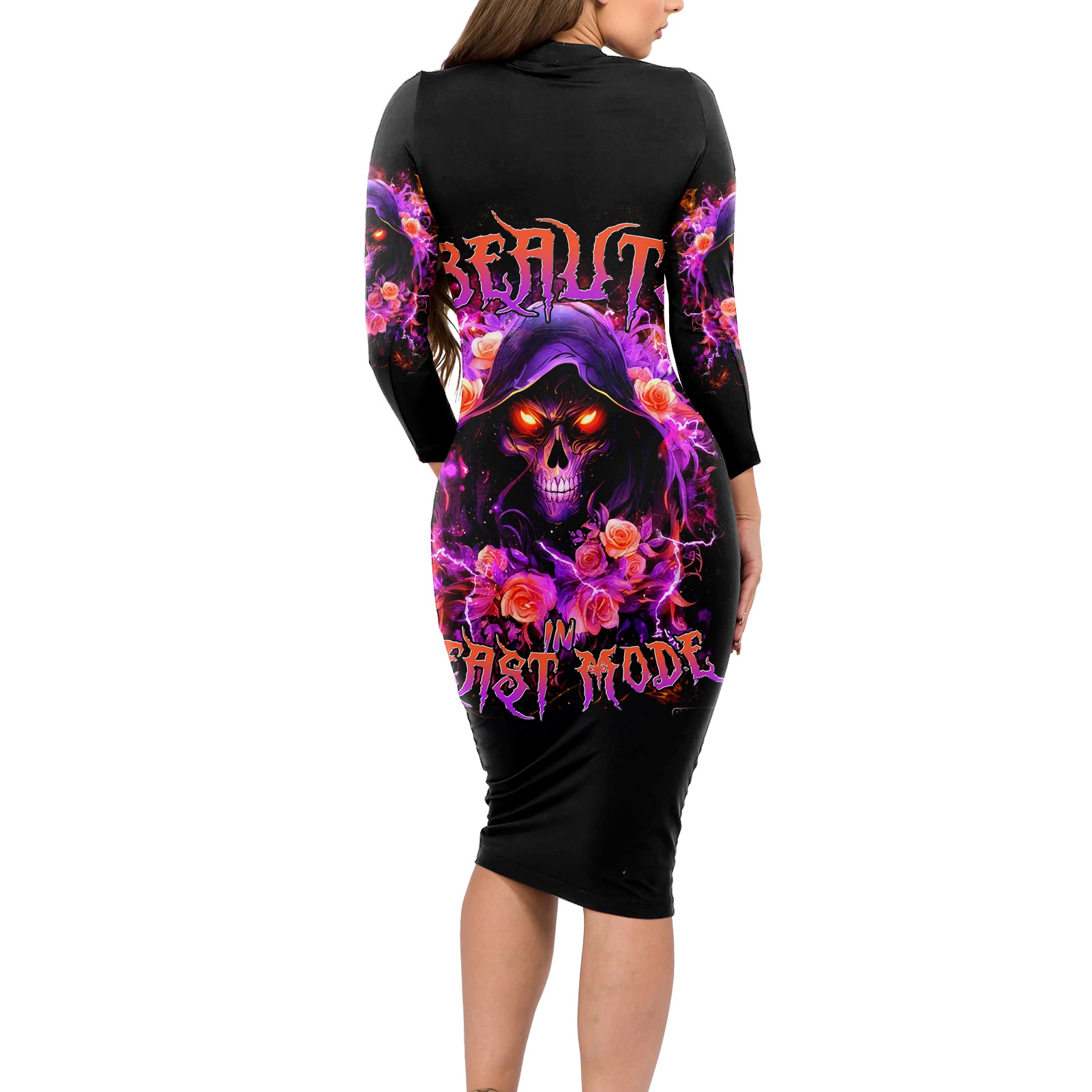 Rose Skull Long Sleeve Bodycon Dress Beasuty In Beast Mode - Wonder Print Shop