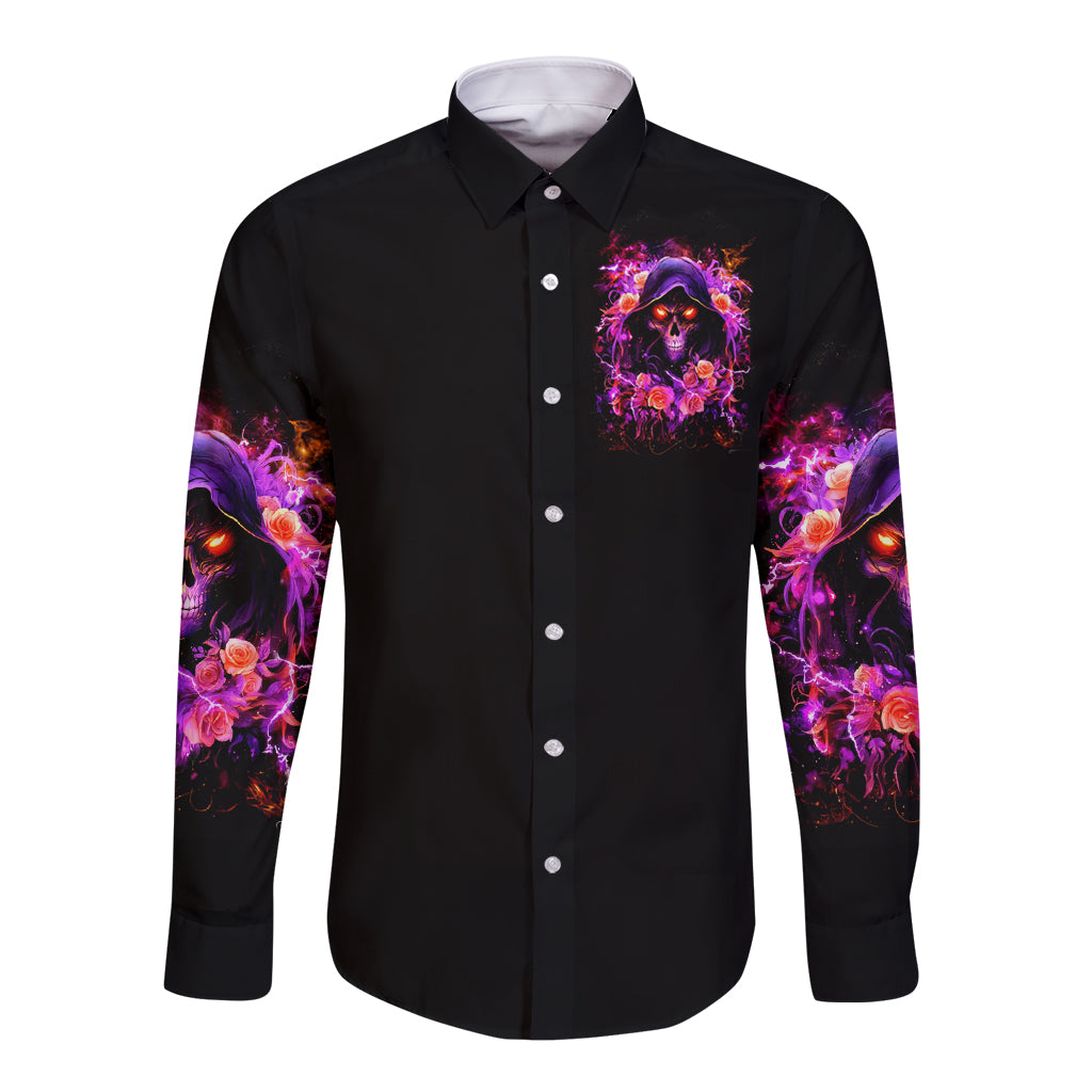 Black long-sleeve button shirt with colorful skull-and-rose graphic, front view.