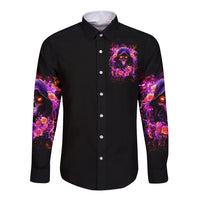 Black long-sleeve button shirt with colorful skull-and-rose graphic, front view.