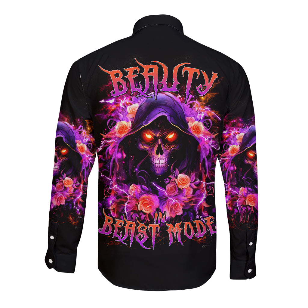 Black long-sleeve button shirt with colorful skull and rose graphic, rear view.