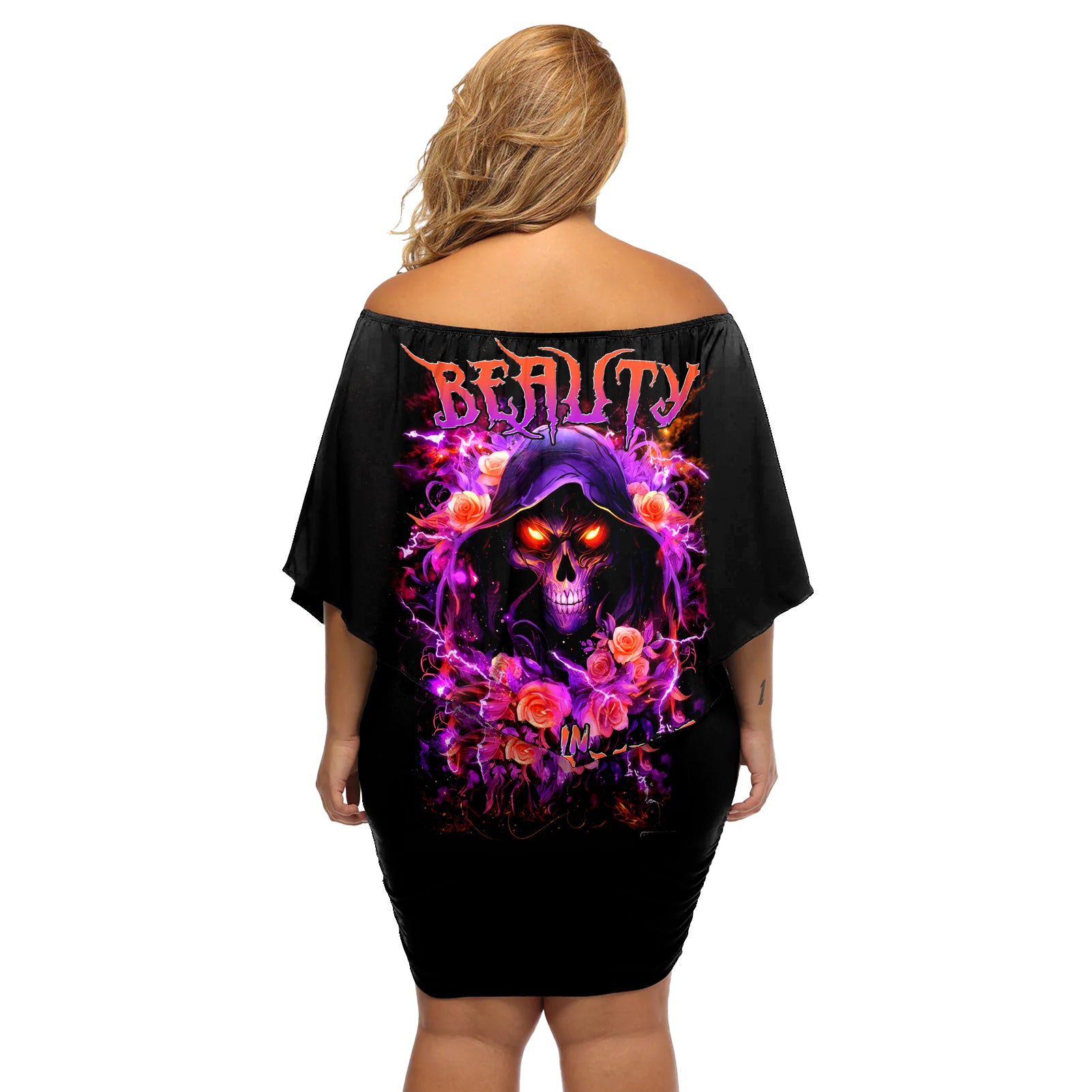 Rose Skull Off Shoulder Short Dress Beasuty In Beast Mode - Wonder Print Shop