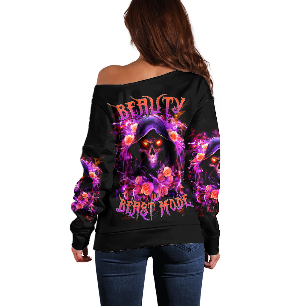 Rose Skull Off Shoulder Sweater Beasuty In Beast Mode - Wonder Print Shop