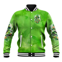 Green varsity jacket with striped ribbed collar, front button placket and skull rose patch