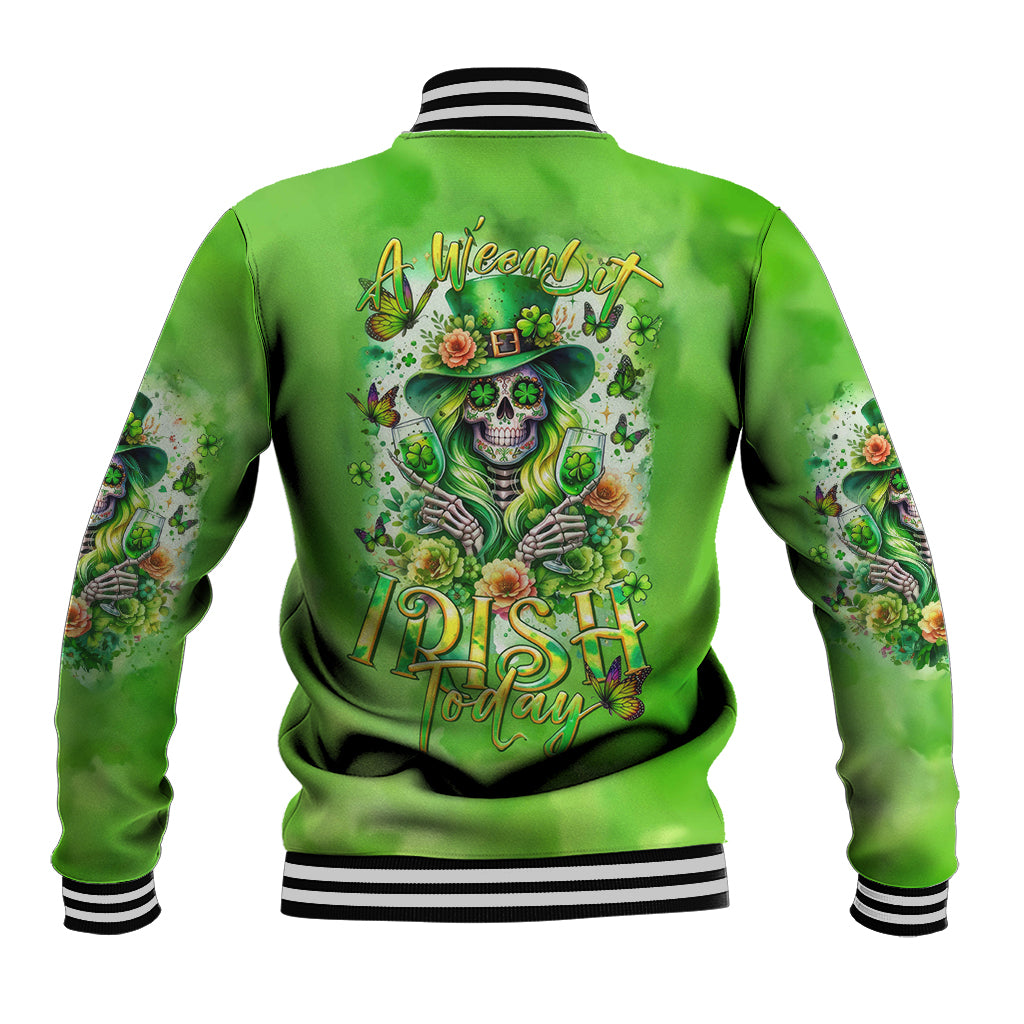 Green baseball jacket with striped ribbed collar and cuffs, back graphic skull and roses