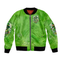 Green bomber jacket with full front zipper, small crest, ribbed hem and cuffs