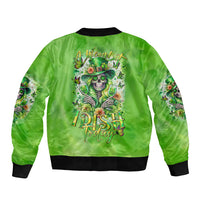 Green satin bomber jacket with back skull and clover graphic, ribbed collar and cuffs