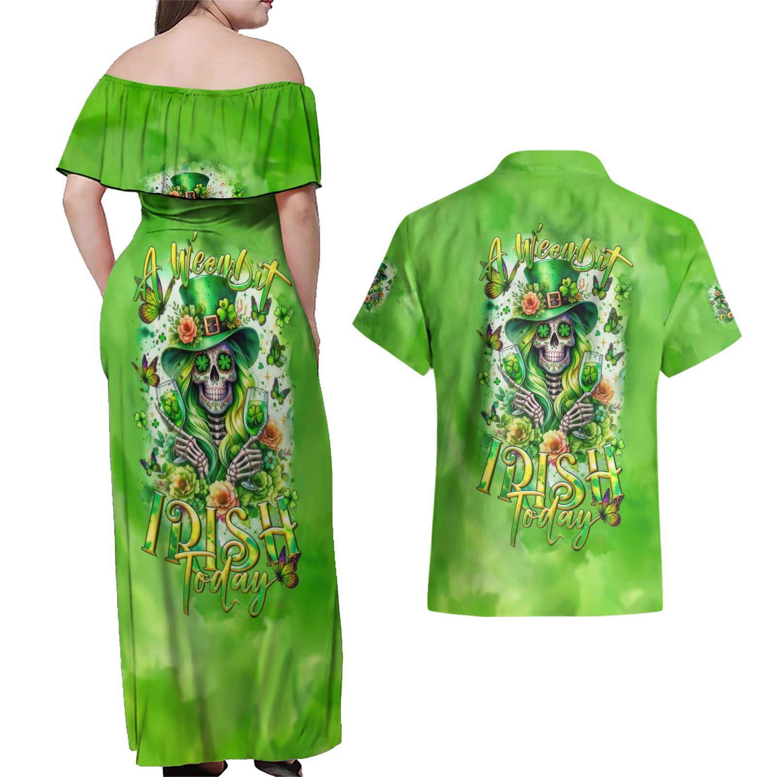 Irish Skull Couples Matching Off Shoulder Maxi Dress and Hawaiian Shirt Irish Today - Wonder Print Shop