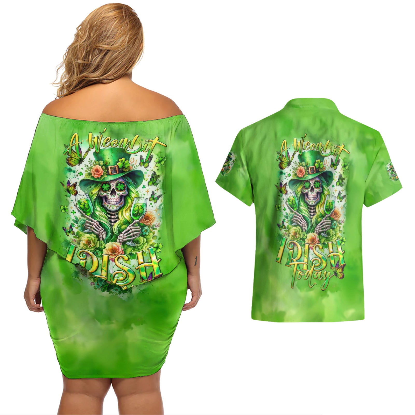 Irish Skull Couples Matching Off Shoulder Short Dress and Hawaiian Shirt Irish Today - Wonder Print Shop