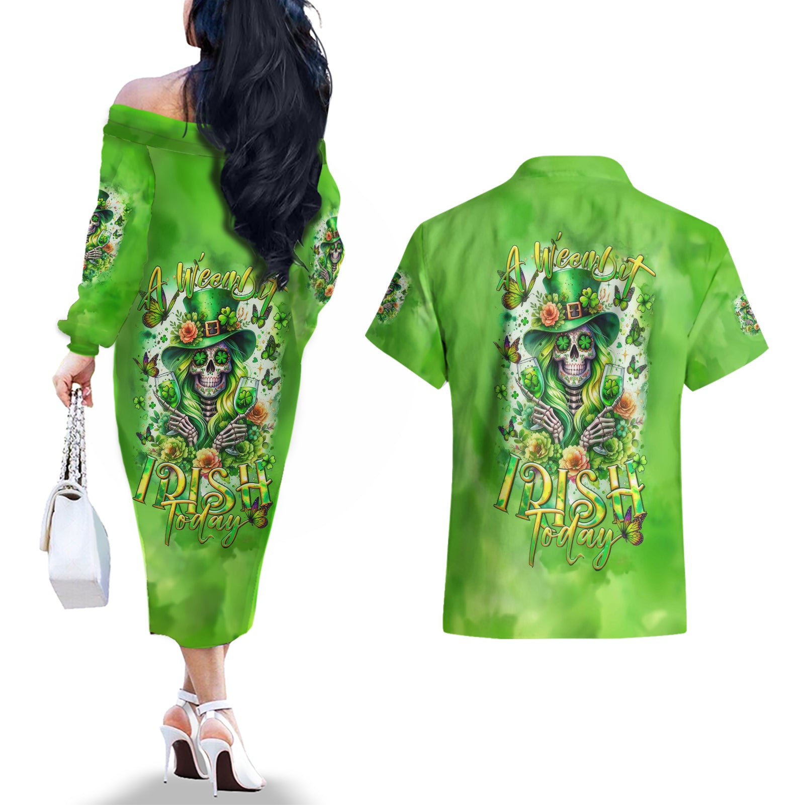 Irish Skull Couples Matching Off The Shoulder Long Sleeve Dress and Hawaiian Shirt Irish Today - Wonder Print Shop