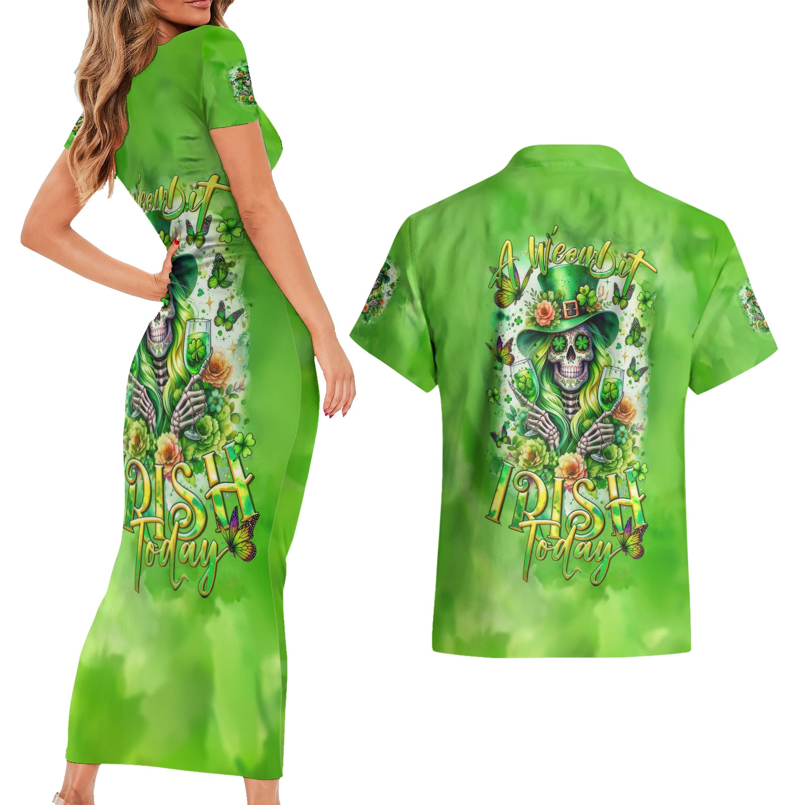 Irish Skull Couples Matching Short Sleeve Bodycon Dress and Hawaiian Shirt Irish Today - Wonder Print Shop