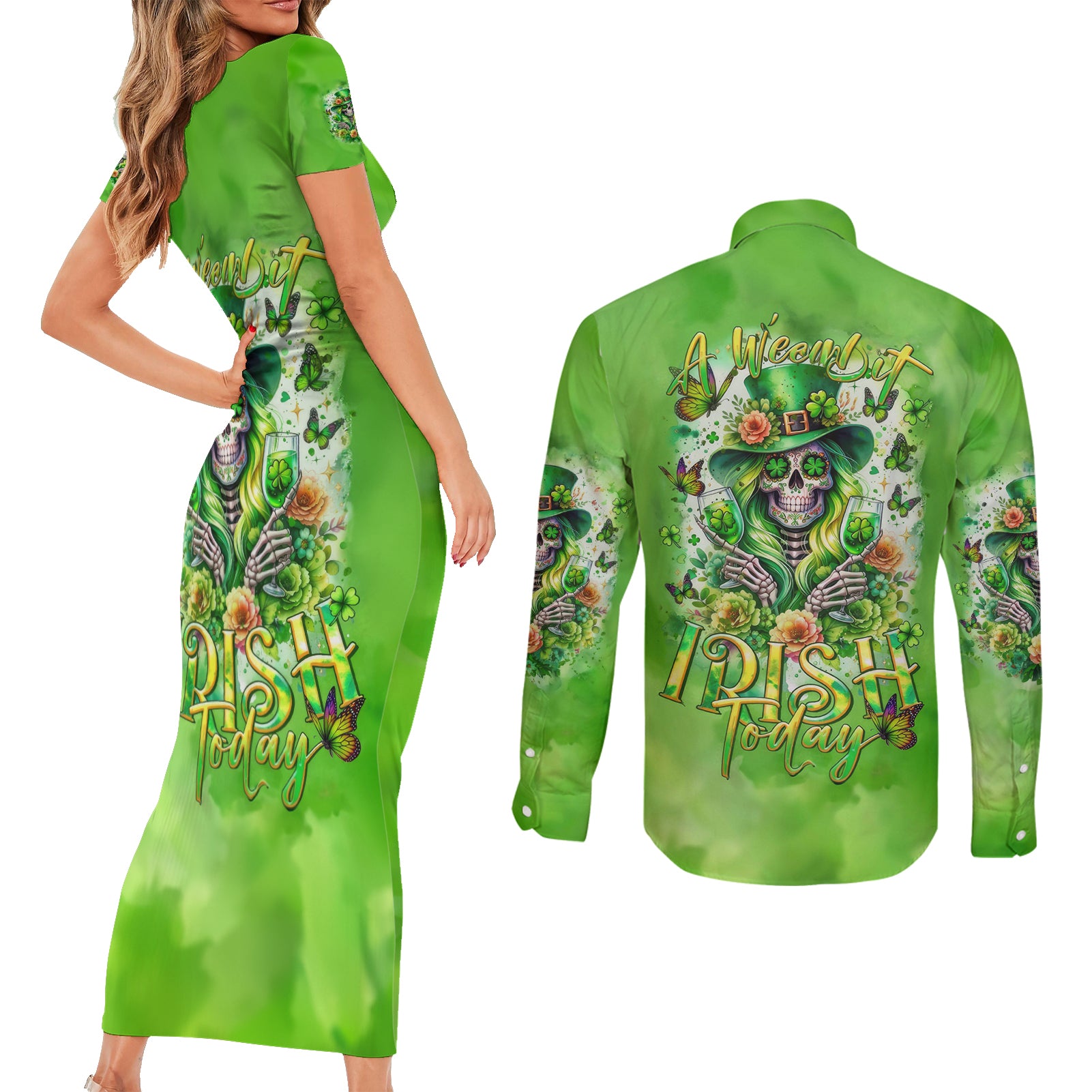 Irish Skull Couples Matching Short Sleeve Bodycon Dress and Long Sleeve Button Shirt Irish Today - Wonder Print Shop